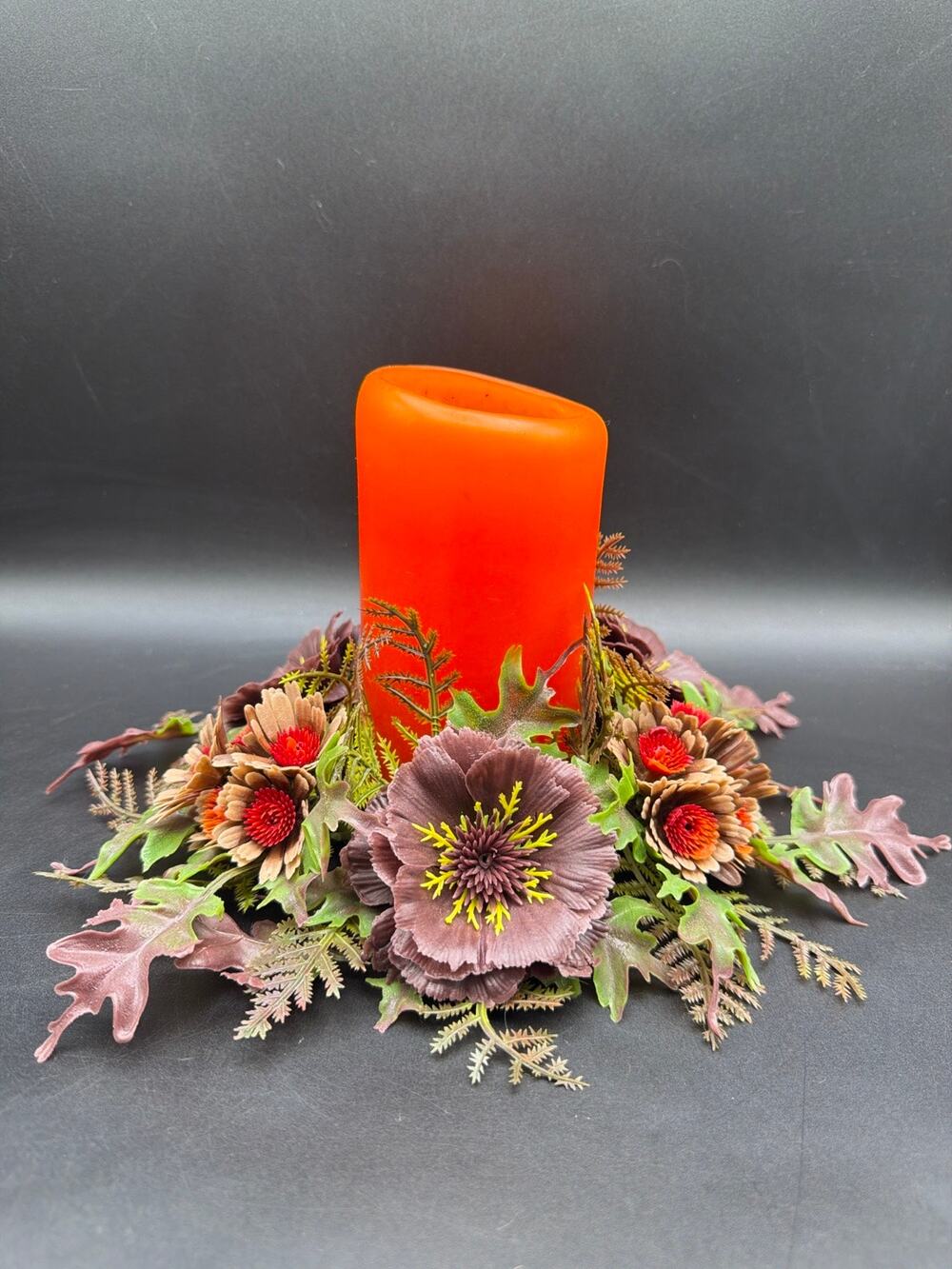 Vintage Fall Floral Centerpiece Orange Pillar Candle Thanksgiving Decor 10x6.5